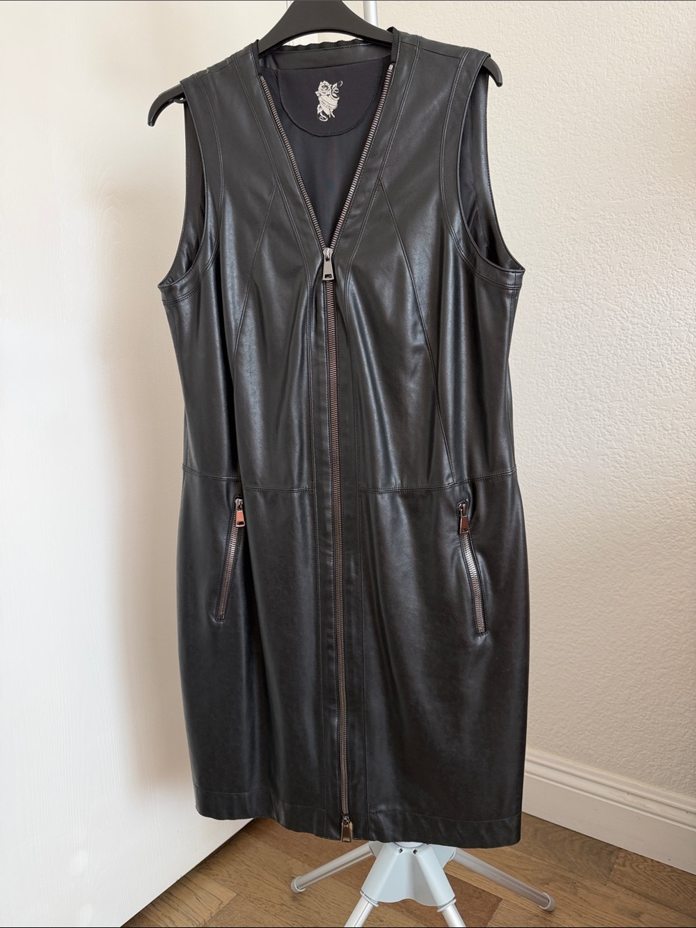 Black Sleeveless Leather Zip-Front Vest Dress